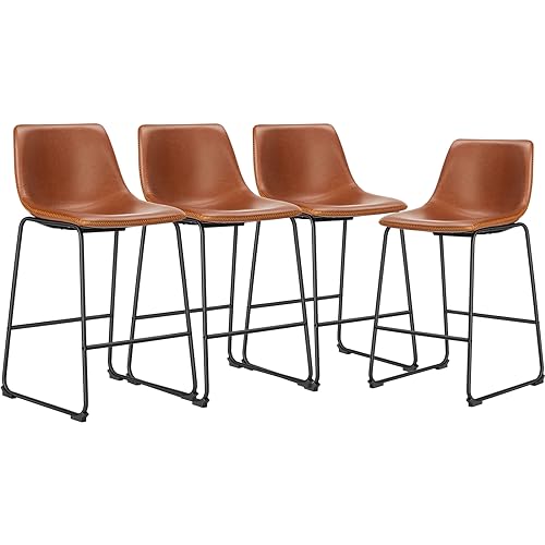 DUMOS 26 Inch Counter Height Bar Stools Set of 4, Modern Faux Leather High Barstools with Back and Metal Leg, Bar Chairs for Kitchen lsland, Brown