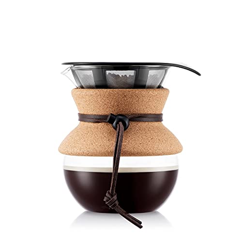 BODUM 17oz Pour Over Coffee Maker, High-Heat Borosilicate Glass with Reusable Stainless Steel Filter and Cork Grip - Made in Portugal