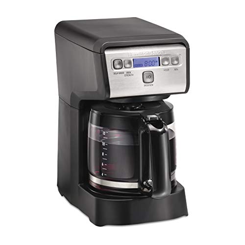 Hamiton Beach 12 Cup Compact Programmable Drip Coffee Maker with No-Drip Burosilicate Glass Carafe, 2-Hour Auto Shutoff, Space-Saving Design, Black with Stainless Steel Accents (46200)