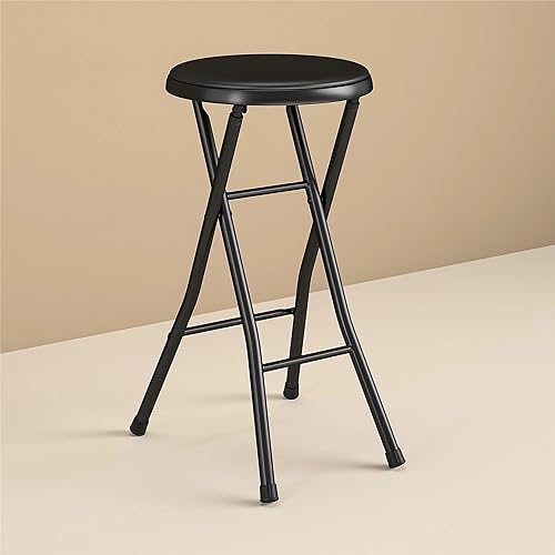 JJoiaS Home Folding Stool, Heavy-Duty 24 Inch Collapsible Padded Round Metal Stool with 200 Pound Capacity for Dorm, Recreation Game Room, Black