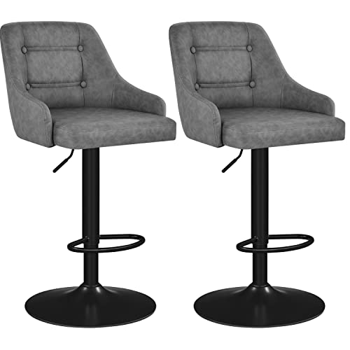 Yaheetech Bar Stools Set of 2 Height Adjustable Swivel Counter Height Bar Stool Kitchen Island Stool PU Leather Bar Chairs with Padded Back Light Gray