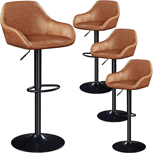 Yaheetech Vintage Bar Stools Set of 4 Swivel Counter Height Bar Stools Adjustable Height Kitchen Stools with Backrest Armrest Leather Stools, Retro Brown(4pcs Package 2)