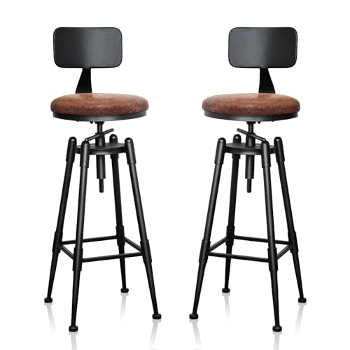 SXXjiaju Industrial Bar Stool- Vintage Bar Stools Round Leather Metal Stool Counter,Rustic Bar Stools with Backs Adjustable Farmhouse Kitchen/Dining/Cafe Chair(Set of 2)