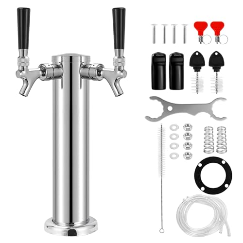 Dbgogo Draft Beer Double Tap Tower, Dual Stainless Core Polished Beer Faucets Stainless Kegerator 3'' Flange Beer Tower Homebrew Dispenser Kit with Pre-Assembled Tubing and Self-Closing Springs