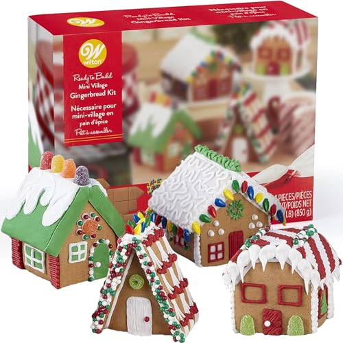 Gingerbread House Kit, Christmas Mini Village Set. Build It Yourself - 4 Sets Of House Panels, Candies, Fondant, Icing, Decorating Bags, & Stickers