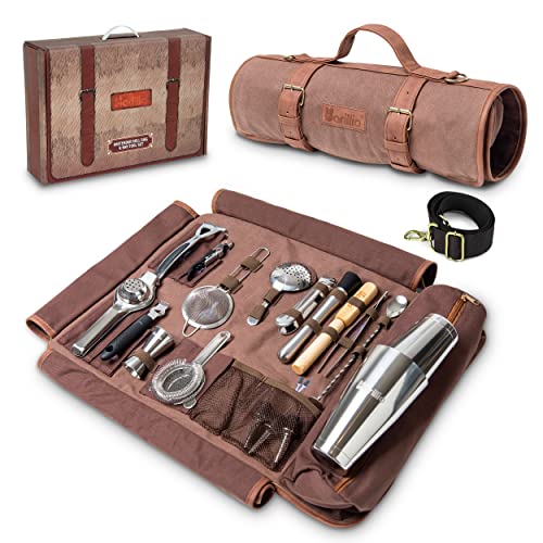 Barillio Bartender Bag Travel Bartender Kit Bag with Bar Tools | Professional 17-Piece Bar Tool Set with Portable Waxed Canvas Bag Including Shoulder Strap for Easy Carry | Travel Cocktail Set