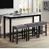 New Classic Furniture Celeste Faux Marble Theater Table and 3 Bar Stools Set, Gray Velvet with Black Base