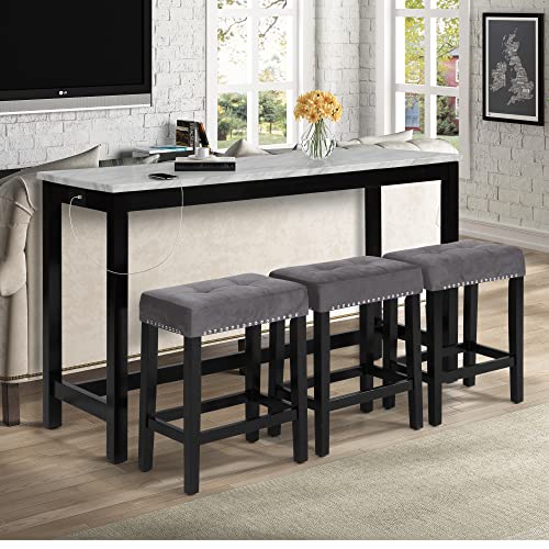 New Classic Furniture Celeste Faux Marble Theater Table and 3 Bar Stools Set, Gray Velvet with Black Base