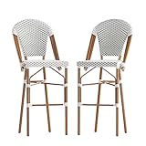 Flash Furniture Lourdes Commercial Grade French Bistro Bar Height Stool, Stackable Indoor/Outdoor Dining Stool, 30" High, White/Gray and Bamboo Finish, Set of 2