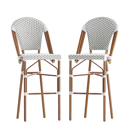 Flash Furniture Lourdes Commercial Grade French Bistro Bar Height Stool, Stackable Indoor/Outdoor Dining Stool, 30" High, White/Gray and Bamboo Finish, Set of 2