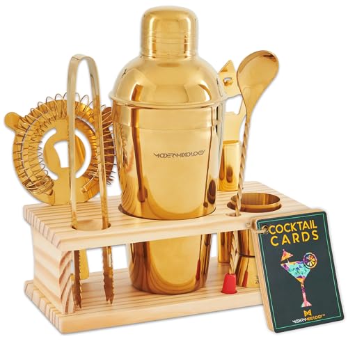Mixology Bartender Kit - 8-Piece Gold Cocktail Shaker Set with Pine Wood Stand, Recipe Cards, and Bar Accessories Ideas