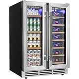 EUHOMY Wine and Beverage Refrigerator, 24 Inch Dual Zone Wine Cooler with Glass Door Hold 21 Bottles and 88 Cans, Built in or Freestanding Under Counter Wine Fridge with Blue LED Light.