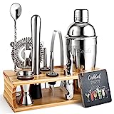 Bartender Kit Cocktail Shaker Set with Stand Bar Tool Bar Set for Drink Mixing Home Bartending Kit 11-Piece Bar Cart Accessories: Martini Shaker, Mixer Spoon, Jigger, Muddler, Strainer & Recipes Gifts