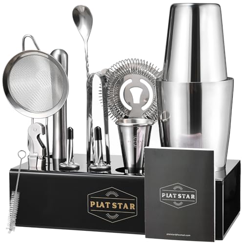 Plat Star Mixology Bartender Kit | Home Bar Set Cocktail Shakers Bartending Kit | Bar Tools Boston Shaker Set with Black Stand | Professional Cocktail Mixing Set Mixologist Barware Stainless Steel