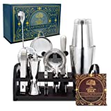 Aberdeen Oak Mixology Bartender Kit - Extra Thick Stainless Steel Cocktail Shaker Set for Mixing - Includes XL Boston Shaker & Premium Bamboo Stand - Professional Bar Tools for The Home Mixologist