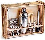 Mixology Bartender Kit: 11-Piece Bar Tool Set with Rustic Wood Stand | Perfect Home Bartending Kit and Cocktail Shaker Set for a True Drink Mixing Experience | Fun Housewarming Gift Idea (Silver)