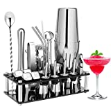 Cocktail Shaker Set, 23-Piece Boston Stainless Steel Bartender Kit with Acrylic Stand & Cocktail Recipes Booklet, Professional Bar Tools for Drink Mixing, Home, Bar, Party (Include 4 Whiskey Stones)