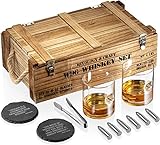 Whiskey Stones Gift Set for Men | Whiskey Glass and Stone Set with Wooden Army Crate, 6 Stainless Steel Whiskey Bullets and 10oz Whiskey Glasses | Whiskey Lovers Gift for Men, Dad, Husband, Boyfriend
