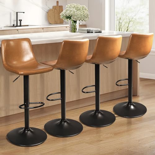 Waleaf Adjustable Swivel Bar Stools Set of 4,Counter Height Bar Stools with Back,350 LBS PU Leather Bar Stool for Kitchen Island,Upholstered Pub Stools with Footrest,Armless Dining Chairs for Bar