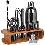 Carsolt Cocktail Shaker Set with Bamboo Stand, 26-Pieces Bartender Kit 25 oz Martini Bar Tools Set for Drink Mixing, Professional Stainless Steel Bar Tools Set Gift for Home, Bar, Party