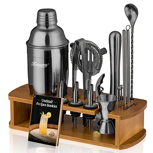 KITESSENSU Cocktail Shaker Set Bartender Kit with Stand | Bar Set Drink Mixer Set with All Essential Bar Accessory Tools: Martini Shaker, Jigger, Strainer, Mixer Spoon, Muddler, Liquor Pourers | Black