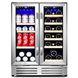 Velieta Wine and Beverage Refrigerator, 24 Inch Dual Zone Fridge with Glass Door, Built-In Cooler with Powerful and Quite Cool System/18 Bottles and 88 Cans Capacity Bverage Cooler