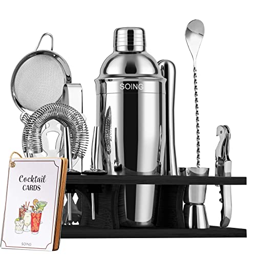 SOING 11-Piece Mixology Bartender Kit with Stand,Bar Kit Cocktail Shaker Set with All Essential Accessories:Martini Shaker,Spoon,Muddler,Strainer,Jigger,Tongs,Liquor Pourers