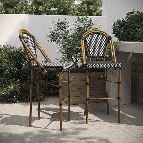 BizChair Bordeaux Commercial Grade French Bistro Bar Height Stool, Stackable Indoor/Outdoor Dining Stool, 30" High, Black/White and Natural Finish