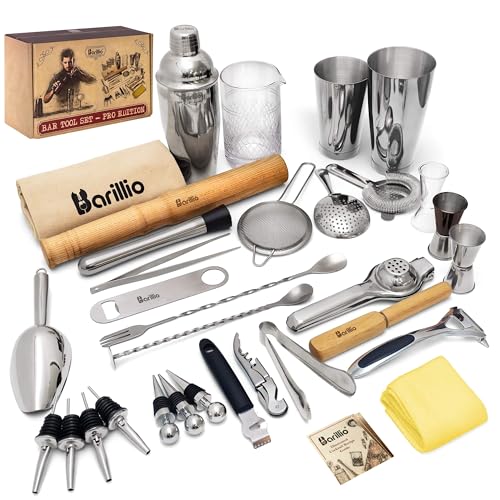 Barillio Mixology Bartender Kit Cocktail Shaker Set | Complete Bar Tool Set Stainless Steel Barware Essentials | Martini Boston Mixer Muddler Mixing Spoon Jigger Strainer Pourers