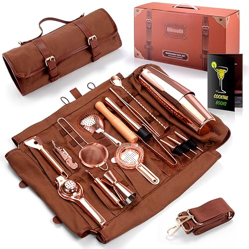 Travel Bartender Kit Bag, 17-Piece Bar Tool Set Professional Cocktail Bar Set Portable Waxed Canavs Bar Kit Bag with Shoulder Strap for Bar Bartending, Parties, Camping Trips