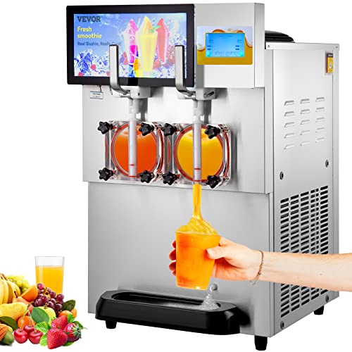 VEVOR Commercial Slushy Machine 2 x 8L/2.1 Gal Double Tank 1800W Stainless Steel Margarita Smoothie Frozen Drink Maker, Cool and Freeze Modes, for Party Cafes Restaurants Bars Home Use, Silver