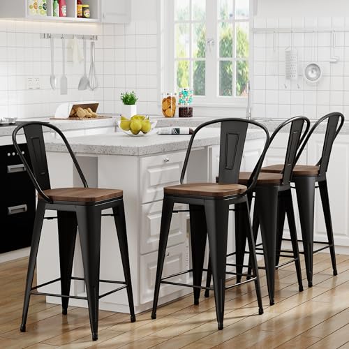 Yongqiang 26 inch Bar Stools Set of 4 High Back Metal Kitchen Counter Height Chairs Barstools with Wooden Seat Industrial Matte Black
