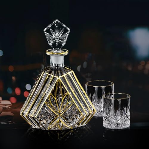 Hand-painted Gold Decanter Set for Men - Whiskey Decanter, Wine Aerator, and 2 Glasses,Bourbon Gifts, Liquor Bottles, and Tequila Decanter,birthday gifts ideas for him,husband and boyfriend,dad gift