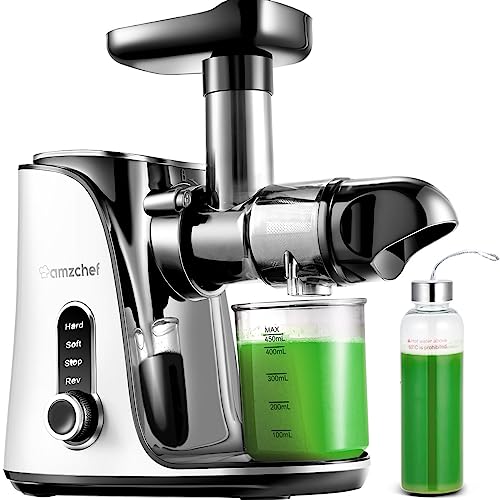 Juicer Machines, AMZCHEF Slow Cold Press Juicer with 2 Speed Modes, Travel Bottles(500ML), LED display, Easy to Clean Brush & Quiet Motor for Vegetables & Fruits, White