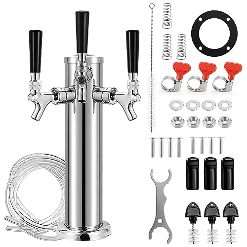 MRbrew Triple Tap Draft Beer Tower Dispenser Kegerator Dual Faucet Beer Tower, Support Countertop and Kegerator Installation, Stainless Steel 3'' Brewing Tower Beer Faucet Dispenser Kit for Homebrew